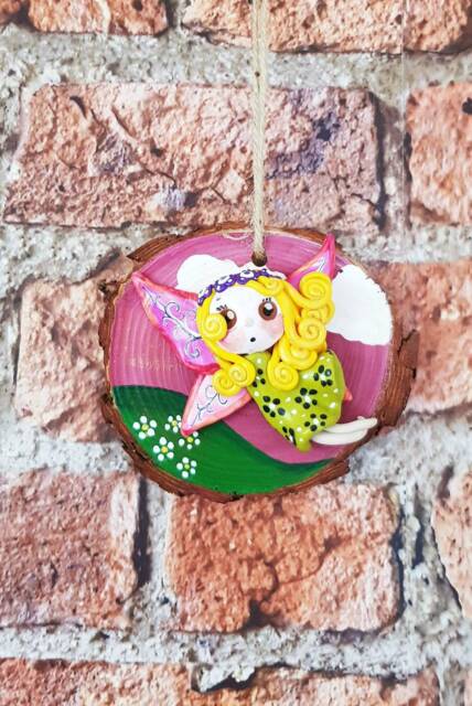 Hand Crafted Hand Painted Wood Slice Wall Hanging. Polymer Clay Fairy - image 1