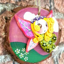 Hand Crafted Hand Painted Wood Slice Wall Hanging. Polymer Clay Fairy - thumbnail 3