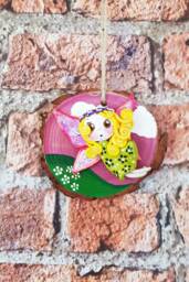 Hand Crafted Hand Painted Wood Slice Wall Hanging. Polymer Clay Fairy - thumbnail 1