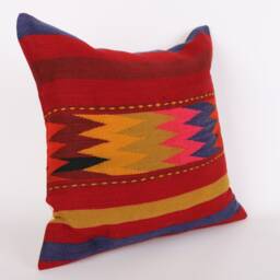 Handwoven Kilim Pillow Cover Turkish Wool Cushion, 20x20 - thumbnail 3