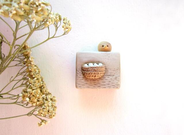 Miniature Nest With Bird, Minimalist Wall Art, Simple Home Decor, Eggs, Miniature Wood Carving, Unique Art - image 1