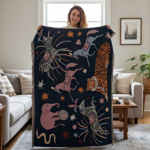 Animal Circus Woven Tapestry Throw Dark Teal Fringe Blanket - image 1