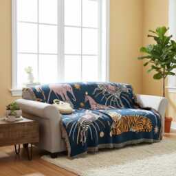 Animal Circus Woven Tapestry Throw Dark Teal Fringe Blanket - thumbnail 4