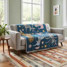 Animal Circus Woven Tapestry Throw Dark Teal Fringe Blanket - thumbnail 3
