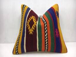 Vintage Handwoven Kilim Pillow Cover, Bohemian Throw - 16x16 - thumbnail 1