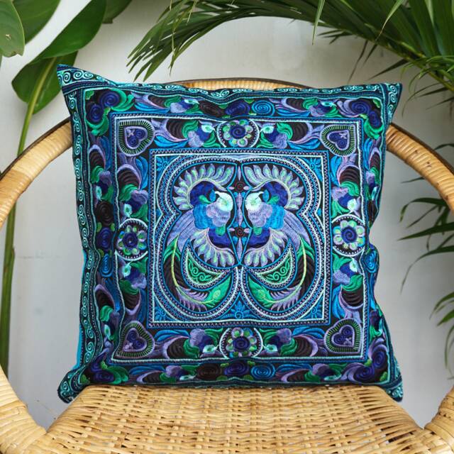 16x16 Hmong Embroidered Pillow Cover, Bohemian Cushion Cover - Cs101Blub - image 1