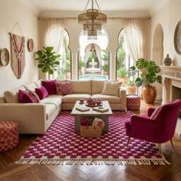 Handmade Magenta Wool Berber Rug, High-Low Pile Geometric Moroccan Carpet - thumbnail 3