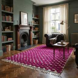 Handmade Magenta Wool Berber Rug, High-Low Pile Geometric Moroccan Carpet - thumbnail 1