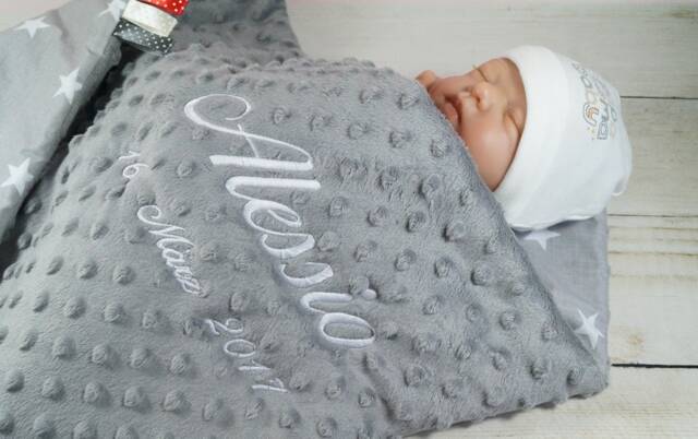 Two-Layer Baby Blanket With Name - Cotton Gray Stars 75 X 100 cm Decke Gift Birth Baptism - 900106 - image 1