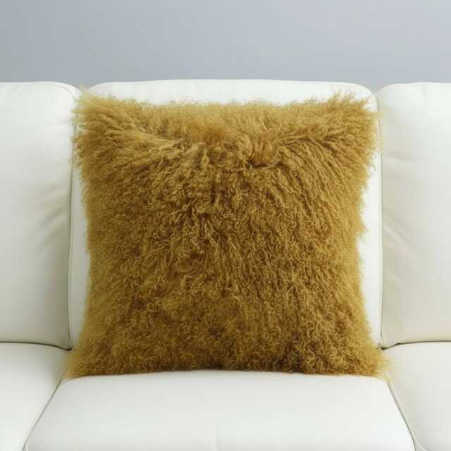 Mustard Yellow Mongolian Sheepskin Fur Cushion Made To Order Custom Sizes Double/Single Sided - image 1