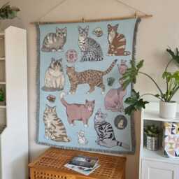 Woven Cat Lover Tapestry Throw Blanket - Cute Feline Illustration Cotton Wall Hanging Gift For Moms & Dads - thumbnail 3