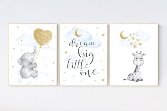 Elephant Nursery Print Blue & Gold Stars, Clouds Wall Art - image 1