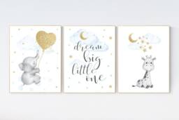 Elephant Nursery Print Blue & Gold Stars, Clouds Wall Art - thumbnail 1