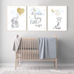 Elephant Nursery Print Blue & Gold Stars, Clouds Wall Art - thumbnail 2