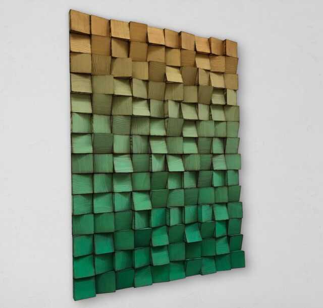 Wood Wall Art - Handmade Sound Diffuser Green Gold Decor - image 1
