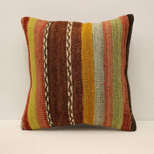 Vintage Turkish Kilim Pillow Cover, Hand Made Wool, 16x16 - image 1
