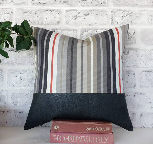 Dark Gray Faux Leather Pillow Cover Striped Cotton Accent, 16x16'' - image 1