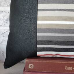 Dark Gray Faux Leather Pillow Cover Striped Cotton Accent, 16x16'' - thumbnail 4