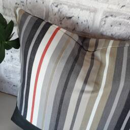 Dark Gray Faux Leather Pillow Cover Striped Cotton Accent, 16x16'' - thumbnail 3