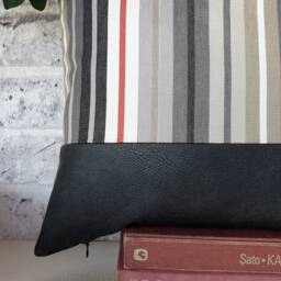 Dark Gray Faux Leather Pillow Cover Striped Cotton Accent, 16x16'' - thumbnail 2