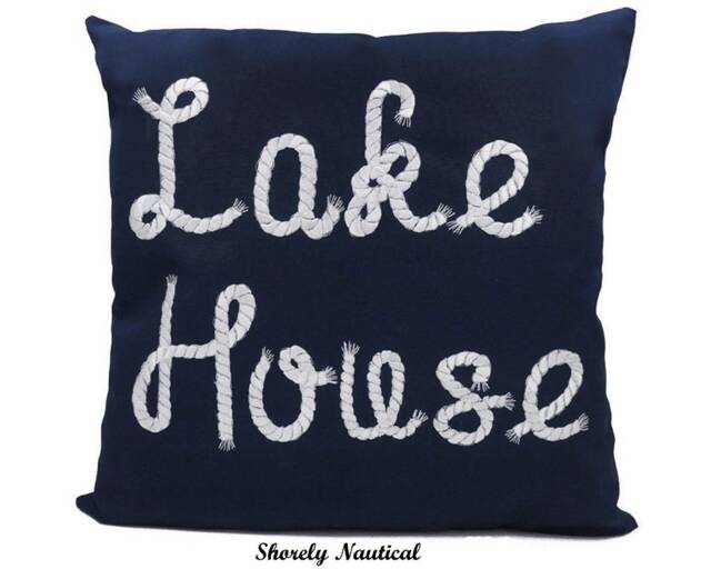 "Nautical Lake House Pillow Cover, Lake Decor, Coastal Decor, Nautical Nursery, Nautical Gifts, Embroidery Pillow, Navy, Fits 18""x18" - image 1