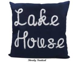 "Nautical Lake House Pillow Cover, Lake Decor, Coastal Decor, Nautical Nursery, Nautical Gifts, Embroidery Pillow, Navy, Fits 18""x18" - thumbnail 1