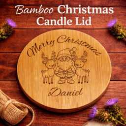 Personalised Bamboo Christmas Candle Lid, Engraved Santa Reindeer Design - thumbnail 1