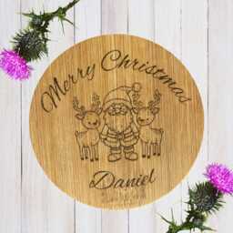 Personalised Bamboo Christmas Candle Lid, Engraved Santa Reindeer Design - thumbnail 2