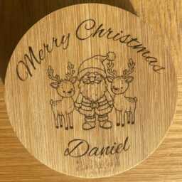 Personalised Bamboo Christmas Candle Lid, Engraved Santa Reindeer Design - thumbnail 3