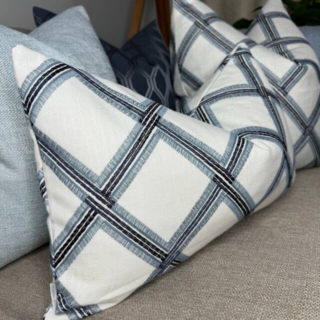 "Blue White Navy Cushion Cover, Embroidered Geometric Design Pillow Sofa Throw - Double Sided Cover 12"" X 20" - image 1