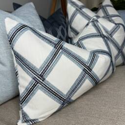 "Blue White Navy Cushion Cover, Embroidered Geometric Design Pillow Sofa Throw - Double Sided Cover 12"" X 20" - thumbnail 1