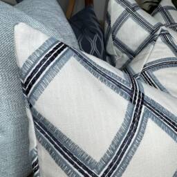 "Blue White Navy Cushion Cover, Embroidered Geometric Design Pillow Sofa Throw - Double Sided Cover 12"" X 20" - thumbnail 3