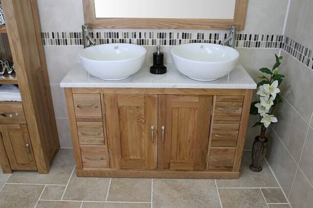 Solid Oak Bathroom Vanity Unit Cabinet Twin Ceramic Bowl Basin Tap Set 02Bwmcbcx2 - image 1