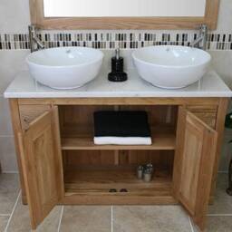 Solid Oak Bathroom Vanity Unit Cabinet Twin Ceramic Bowl Basin Tap Set 02Bwmcbcx2 - thumbnail 3