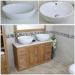Solid Oak Bathroom Vanity Unit Cabinet Twin Ceramic Bowl Basin Tap Set 02Bwmcbcx2 - thumbnail 2