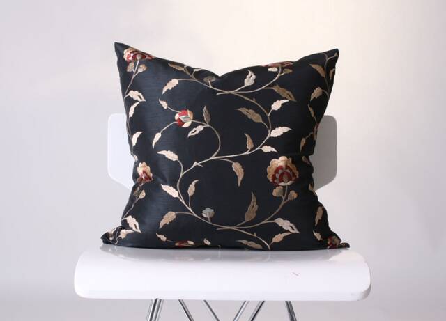 Silky Flower Pillow Cover, Floral Embroidered Pillow, Black Gold Pillow, Home Decor Sofa Cushion Cover - image 1