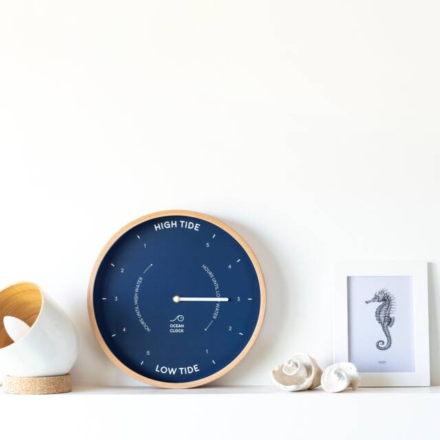 Handmade Ocean Tide Clock Coastal Wood Wall Decor, Navy Blue Dial - image 1