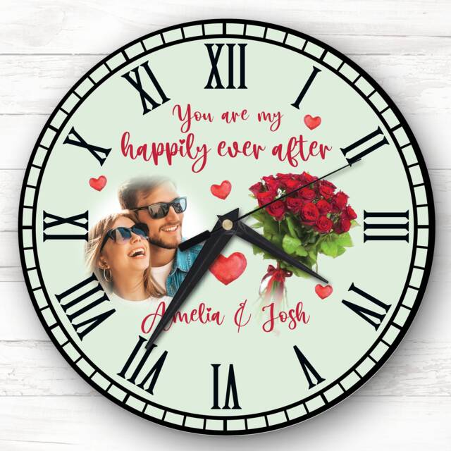 Happy Ever After Photo Valentine's Day Gift Anniversary Green Personalised Clock - image 1