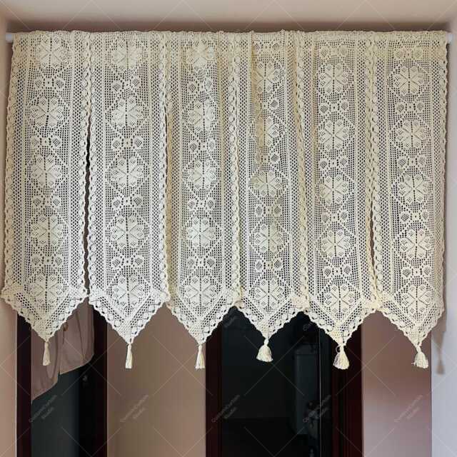 Beige Crochet Curtains Valance , Flower Patter Kitchen Curtain Panels, Boho Closet Room Divider - image 1