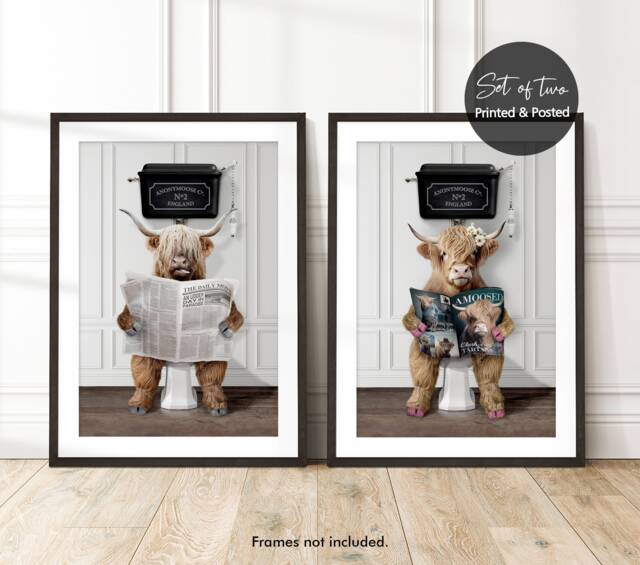 Set Of 2, His & Hers, Highland Cow Funny Bathroom Prints, Male Female On Toilet, Christmas Gift Idea - image 1