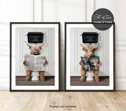 Set Of 2, His & Hers, Highland Cow Funny Bathroom Prints, Male Female On Toilet, Christmas Gift Idea - thumbnail 1