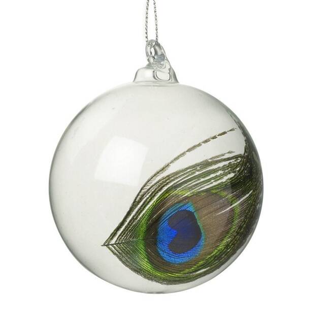 Clear Glass Peacock Feather Round Bauble Hanging Decoration - Christmas Tree Ornament Valentine's Day Anniversary Wedding Winter Blue Green