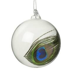 Clear Glass Peacock Feather Round Bauble Hanging Decoration - Christmas Tree Ornament Valentine's Day Anniversary Wedding Winter Blue Green