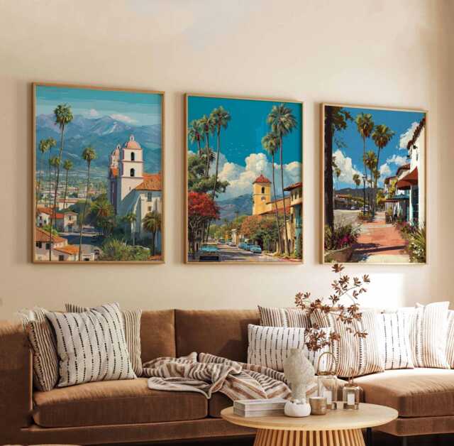 Set Of 3 Santa Barbara Posters, California Travel Prints, Coastal Wall Art Sets, Beach Scene Usa Cityscape Home Decor - image 1