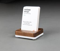 Walnut Wood Business Card Stand On White Acrylic Base