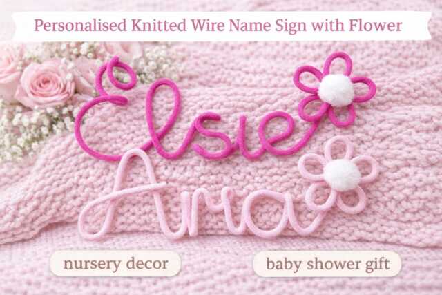 Personalised Knitted Wire Name Sign With Flower, Custom Nursery Wall Decor - image 1