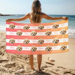 Personalized Head Portrait Photo Beach Towel, Custom Stripe Monogram Pool Vacation Gift, Fun Beach Towel