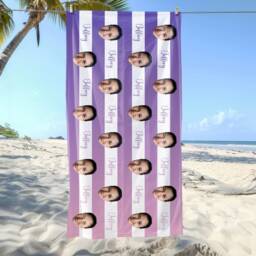 Personalized Head Portrait Photo Beach Towel, Custom Stripe Monogram Pool Vacation Gift, Fun Beach Towel - thumbnail 2