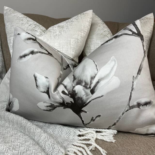 "Lotus By Harlequin Fabric Magnolia Floral Cushion Cover Grey - Bed Set Throw Pillow/Double Sided Decorative 12"" X 20" - image 1