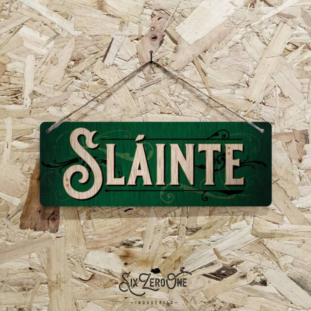 Sl??inte Green Metal Sign Horizontal - Vintage Worn Look Print Slainte Mhaith Bar Pub Cheers Irish Ireland Silver/White - image 1